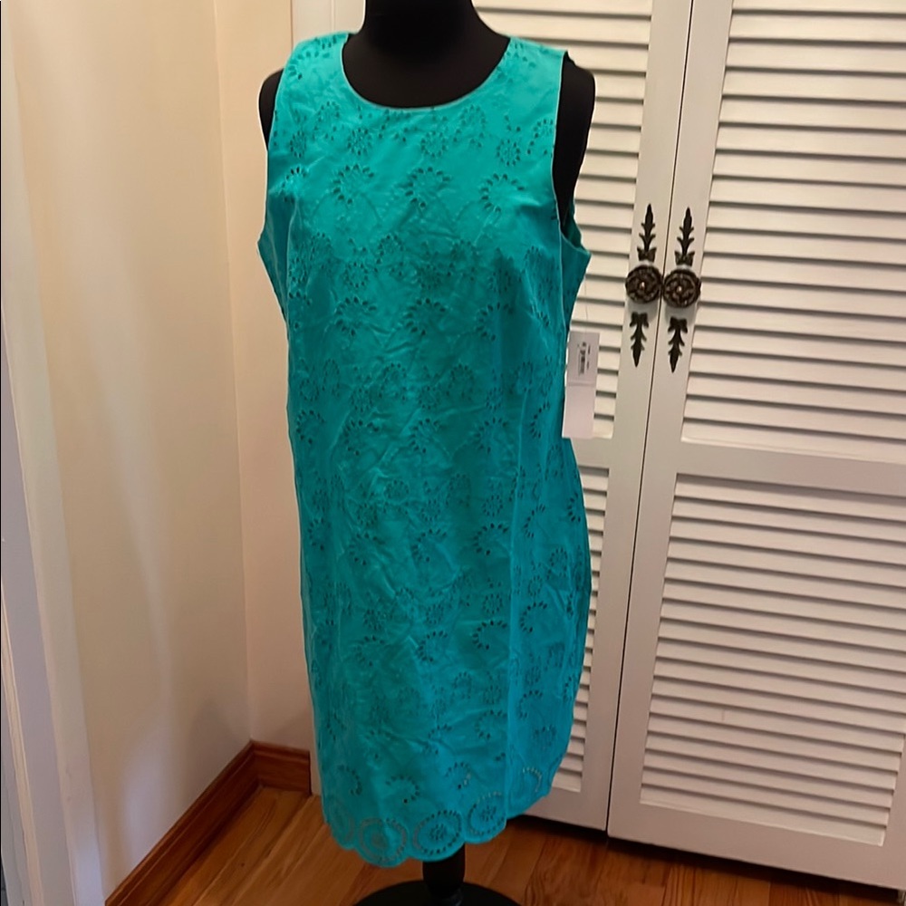London times   Turquoise  eyelet cotton Dress / cotton lining size 16
